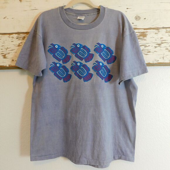 Vintage Anvil T-Shirt Blue Totem Fish 2-Side Graphic Tee L/XL? Single-Stitch USA - Picture 3 of 16